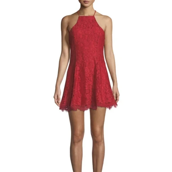 NBD Bria Lace Mini Dress w/ Swing Skirt, Red, Women's, S